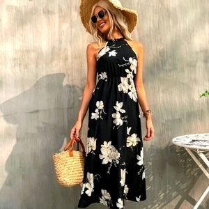 Floral Print Tie Back Halter Dress